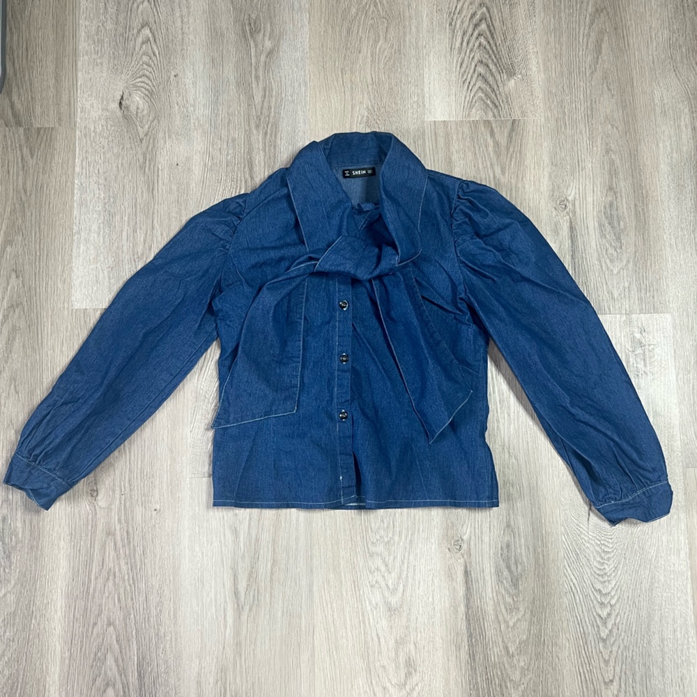 Shein Denim Bow Tie Long Sleeve Top